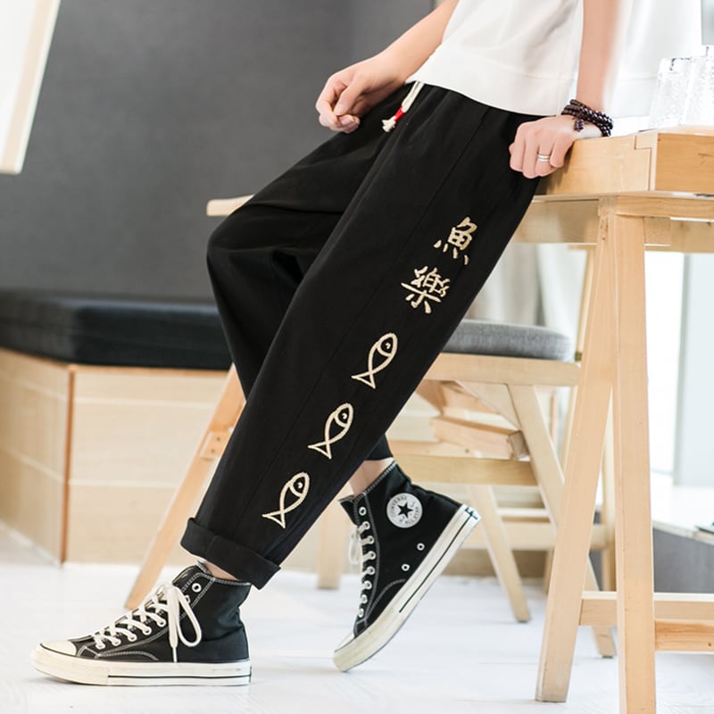 [TAOHUAYUAN Series]★China style trousers★ 3color bottoms trousers casual pants unisex men's large size fish nine-quarter length