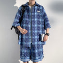 [BIGEMAN Series]★Setup★ Shirt + Shorts 2color Unisex Men's Large Size Plaid Pattern Blue Black Gray