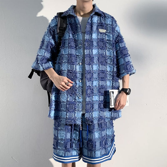 [BIGEMAN Series]★Setup★ Shirt + Shorts 2color Unisex Men's Large Size Plaid Pattern Blue Black Gray