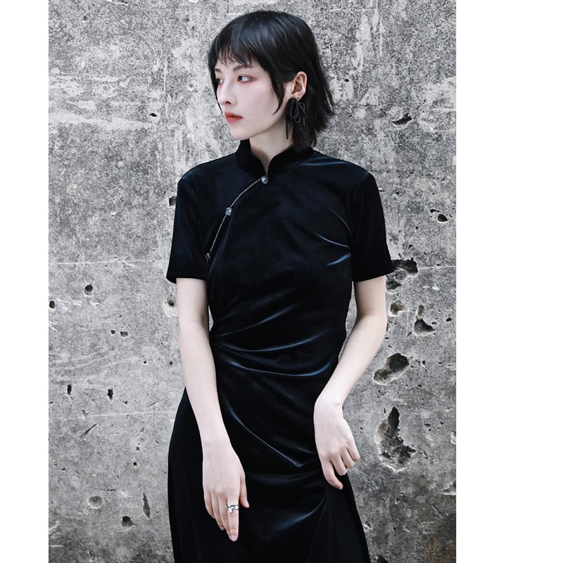 [Da Qinglong Shu Series] ★Cheongsam Dress★ Sexy One Piece Velvet Long Length Black Black Simple