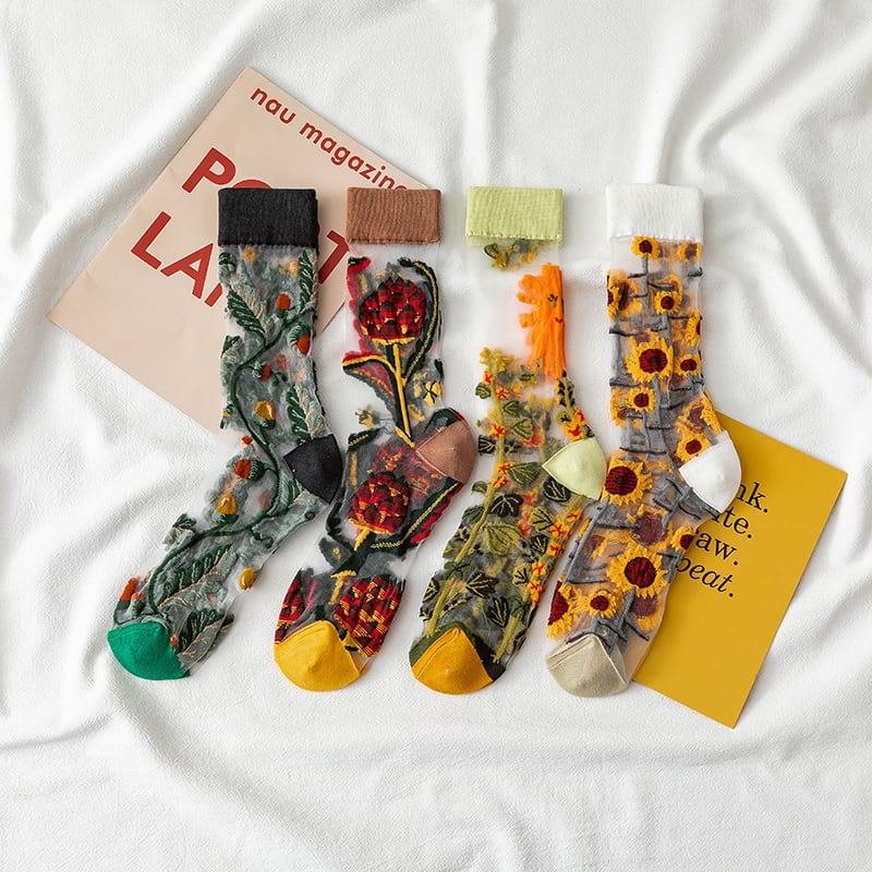 [Rainbow Series] ★Socks★ 4 pairs of socks, easy to match set, cute, unique, summer, thin, sunflower