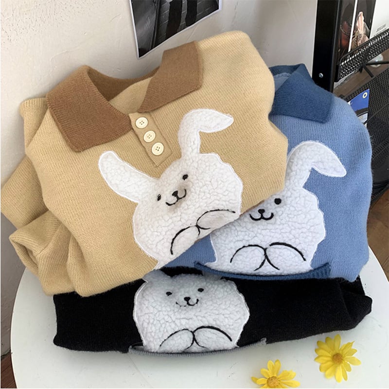 [Emeisa Series] ★Sweater★ 3color Knit Tops Unisex Men's Rabbit Cute POLO Neck