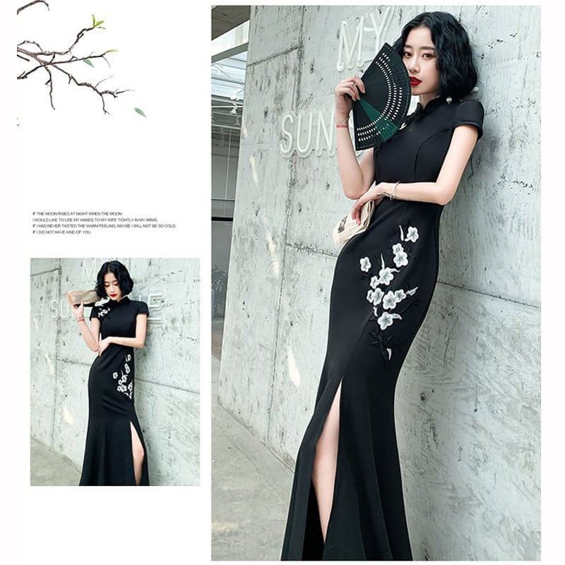 [Chouga series] ★Long length cheongsam dress★ 6 size mermaid line black