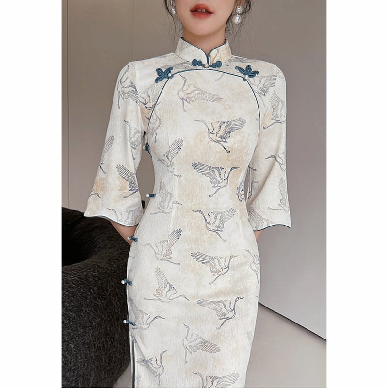 [Customize --- Kiyosagi Series] ★Cheongsam dress★ Chinese-style dress, improves temperament, Chinese clothes, crane pattern, crane, long length