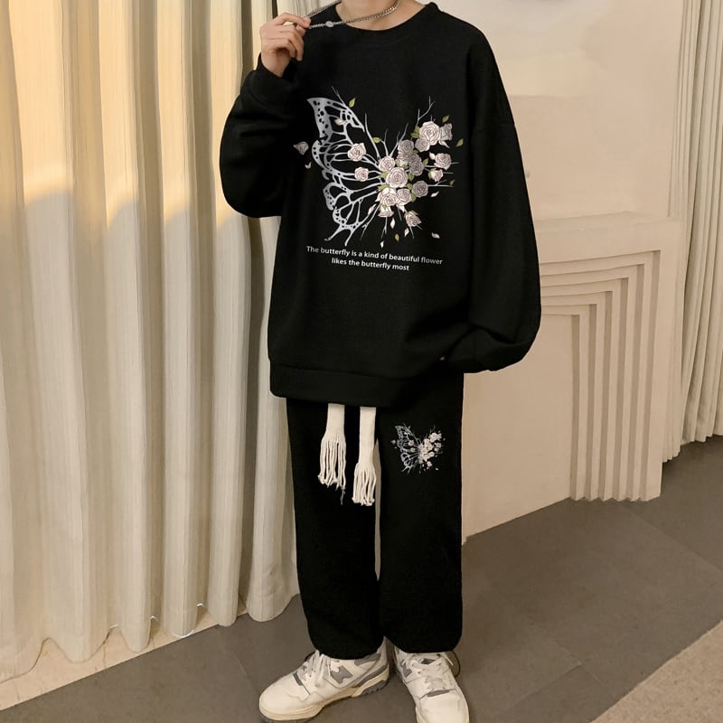 [Tetsusho Series]★Setup★ 4color 2-piece set Tops + pants Floral pattern Unisex Men's Large size White Black Gray