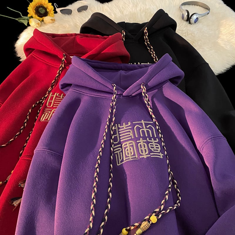 [GEBOXUAN series] ★China style hoodie★ 4color brushed lining, letter pattern, kanji pattern, unisex, men's, black, red, purple