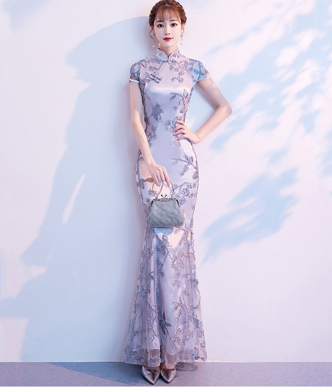 [Bride series] ★Cheongsam dress★ Dress Embroidered Mermaid line Beautiful SML Slimming Silver Gray