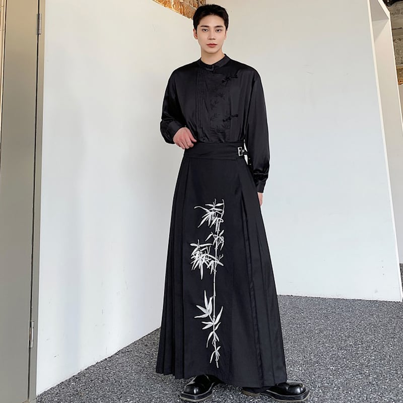 [Illustrated series]★China style skirt★Bottoms Unisex Men's Bamboo Bamboo pattern Black Black Retro