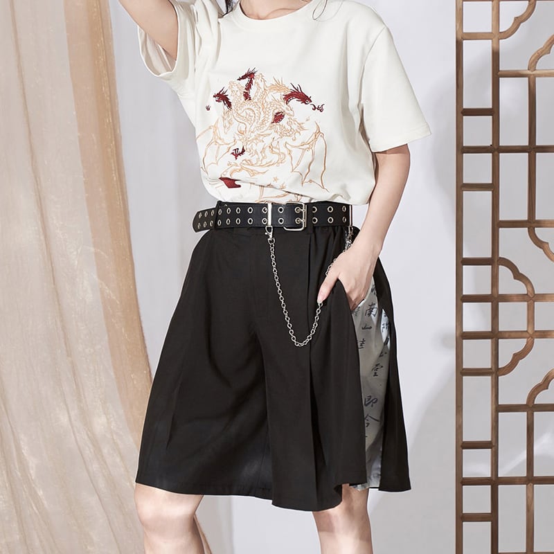 [Kyodo series]★China style pants★Bottoms, shorts, shorts, unisex, letter pattern, black, black