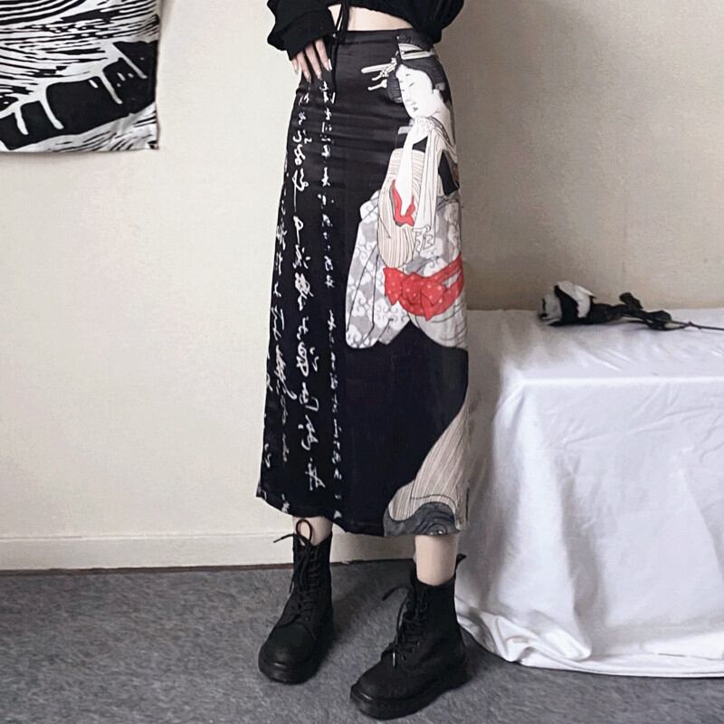 [Miyakoya Series]★China style skirt★Bottoms Kanji pattern Black Black human pattern print Slimming and easy to match