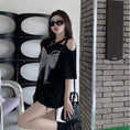 Load image into Gallery viewer, [MANBAO series] ★T-shirt★ Tops, short sleeve T-shirt, off-the-shoulder summer clothes, butterfly, cute, black, black, sexy
