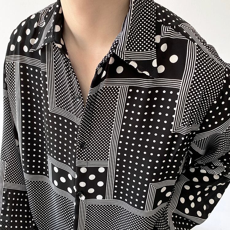 [ZHUIYI Series]★Shirt★ Tops, long sleeve shirt, plaid pattern, dot pattern, unisex, men's, thin, cool, black, black