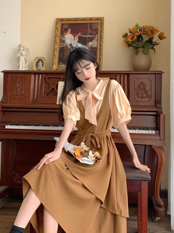 [Dong Xiaojie Series] ★Dress★ Large Size Faux Layered Ribbon Switching Short Sleeve Brown