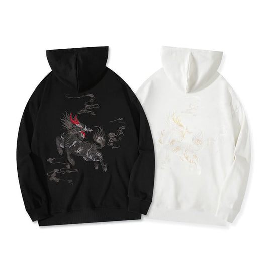 [High quality series] ★China style hoodie★ 2 colors Black or white Kirin embroidery Stylish Unique Unisex Men's Large size