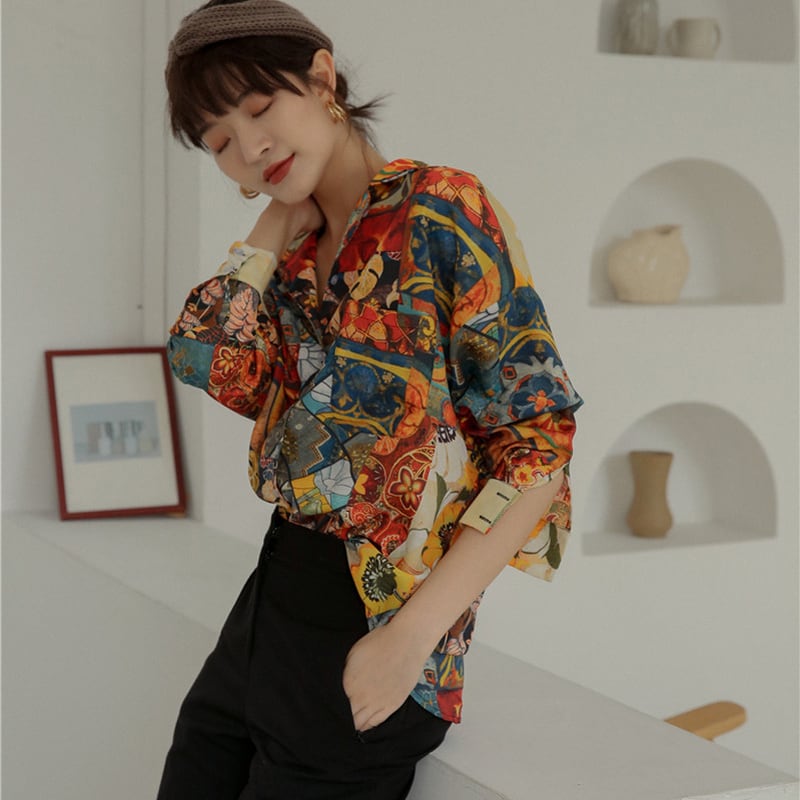 Oil painting style shirt, retro tops, long sleeves, outstanding design, SM, radically changing image, print, easy to match