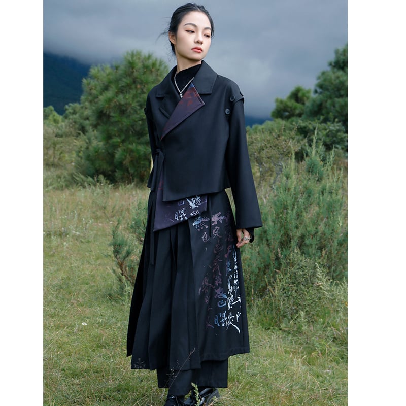 [Da Qinglong Shu Series]★China style trousers★ Gaucho pants Improved Chinese clothing Black Black Casual Cute Letter pattern