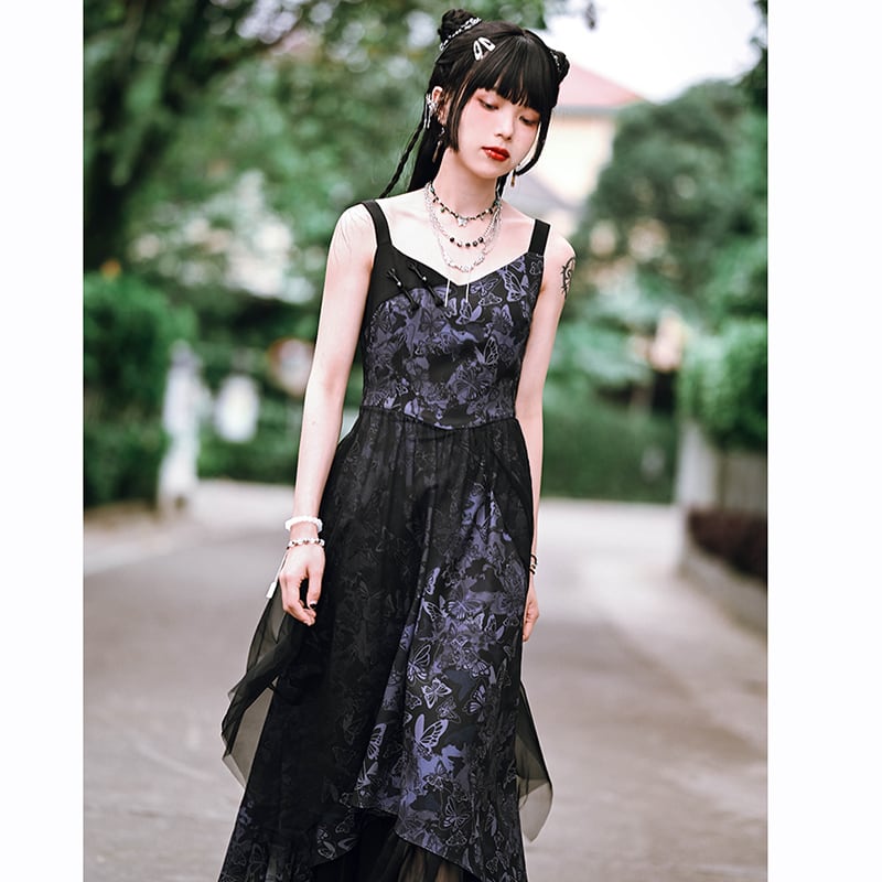 [Ancient monster house --- Butterfly series] ★China style dress★ Hanging dress Butterfly pattern print Long length Cute