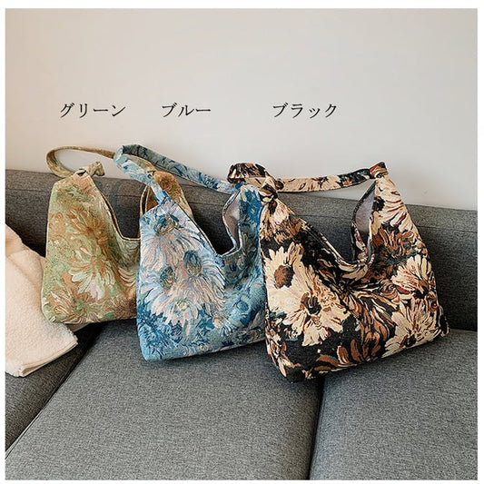 [Ako series] ★Oil painting style bag★ 3color tote bag Floral pattern Blue Green Black Easy to match