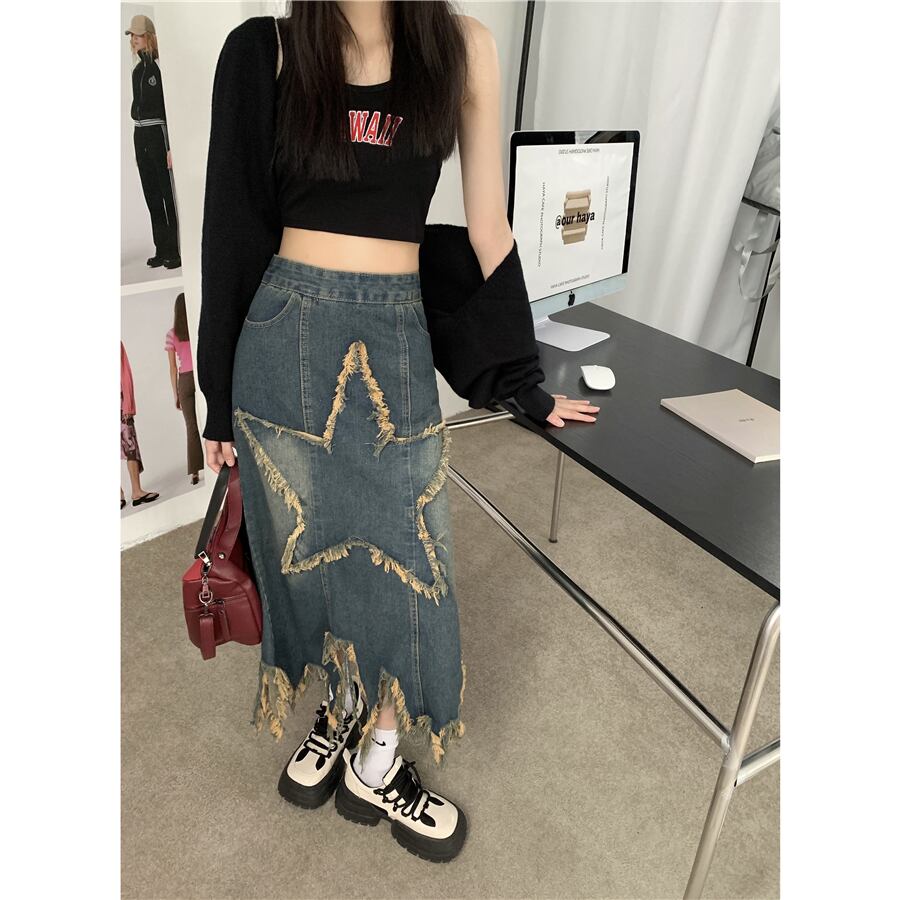 [OURI Series]★Denim Skirt★ Long Skirt Bottoms Large Size Star Star Fashionable Wear