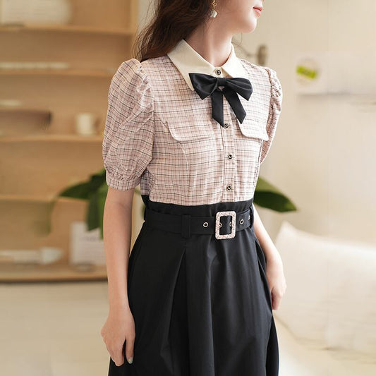 [Minami no Mori Series] ★Dress★ Fake layered plaid pattern for commuting, wedding, date, office, summer clothes, ribbon