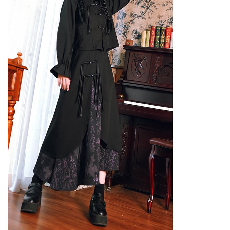 [Kokaisha --- Preface Series] ★China style skirt★ 2color bottoms switching letter pattern slimming black gray