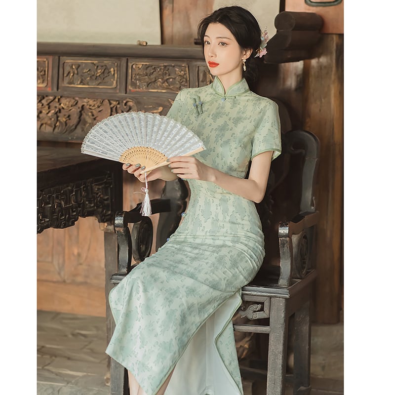 [Queen Series] ★China-style dress★ Improved cheongsam dress Improves temperament Short sleeves Green Green S M L XL