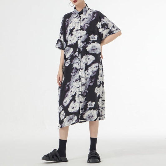 [YIDAO Series]★Shirt dress★ 2color long shirt print retro floral pattern loose casual summer clothes