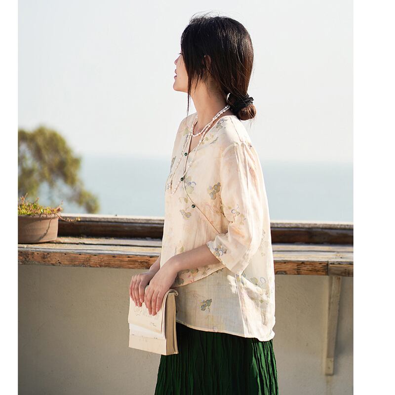 [CHONGER Series]★China style tops★ Shirt Improved temperament Improved Tang suit V neck Thin print