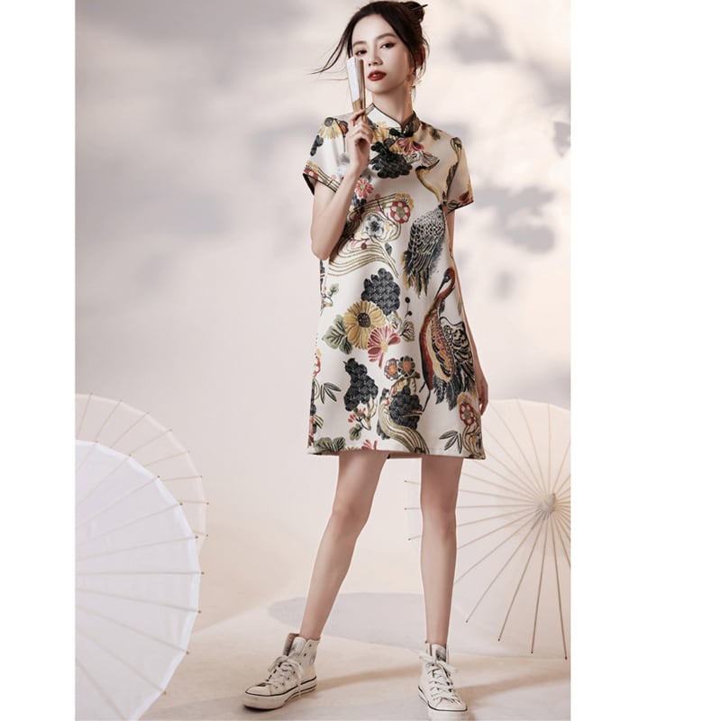 [YUEQIAO Series] ★Improved Chinese dress★ Short length crane loose fitting dress wedding fireworks festival festival