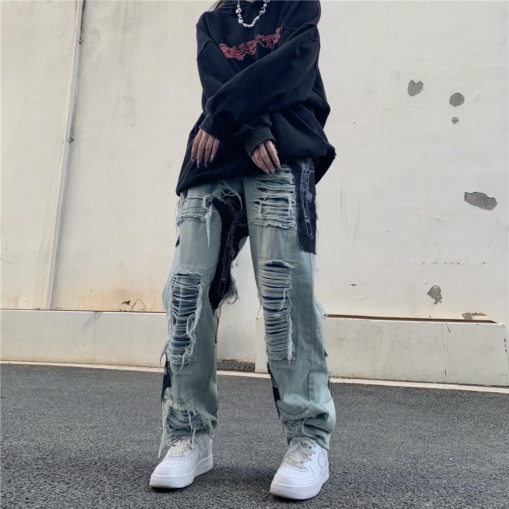 [OOTDstudio Series]★Denim Pants★ Bottoms Unisex Men's Large Size Distressed Fashion