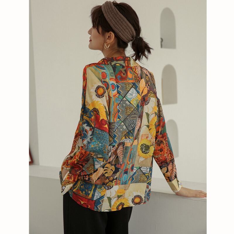 Oil painting style shirt, retro tops, long sleeves, outstanding design, SM, radically changing image, print, easy to match