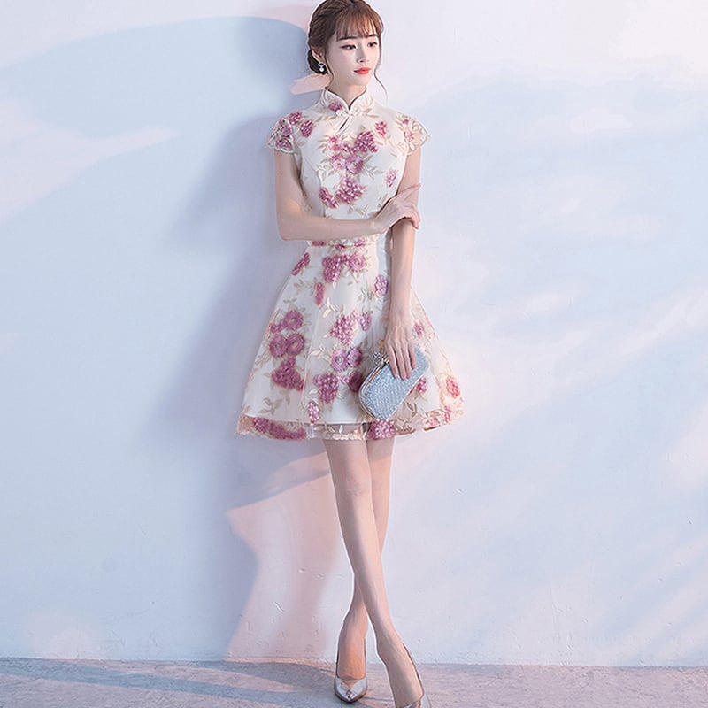 Short Cheongsam Dress with Flower Embroidery Coming of Age Ceremony Party Short Sleeve XS SML XL 2XLL Evening Dress Sweet