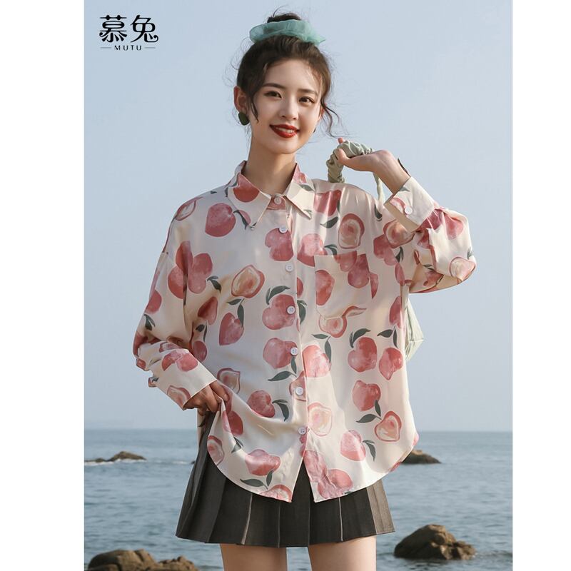 [Love Series]★Shirt★ Tops Peach Cute Youth Print Easy to Match Pink SML Loose Casual