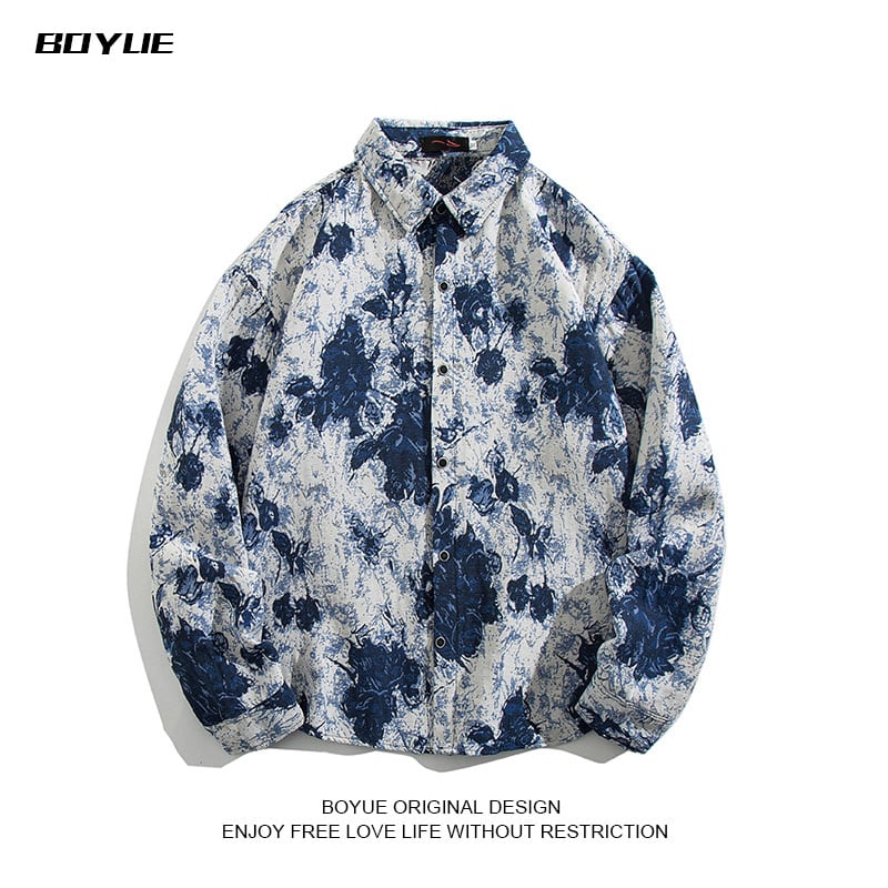 [BOYUE Leeds] ★Retro Shirt★ 2 Color Long Sleeve Shirt Tops Unisex Men's Floral Print Shirt Blue Black