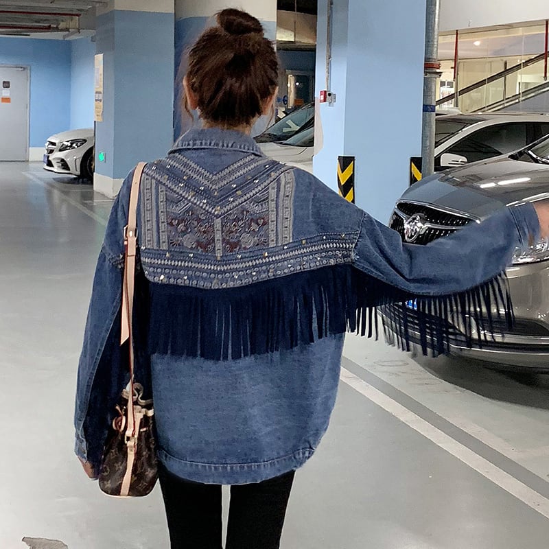 [YOUYA Series]★Jacket★2color Denim Jacket Outer Fringe Embroidery Loose Stylish