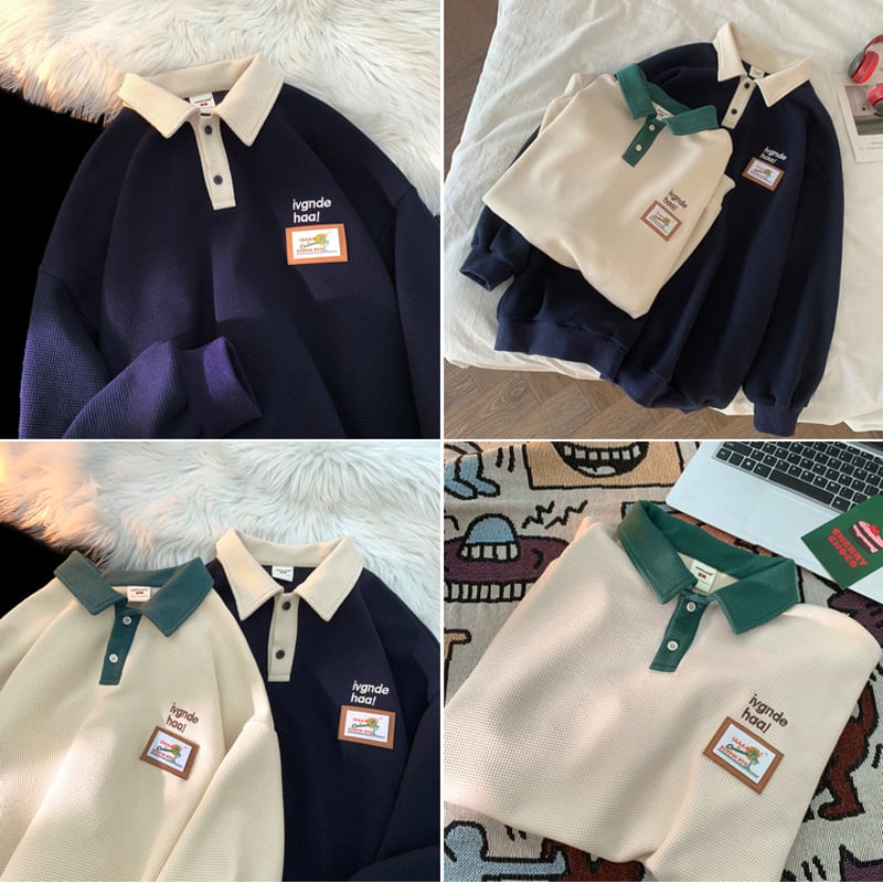 【港仔系列】★上衣★ 2色男女通用男士POLO領春裝米色海軍藍S M L XL