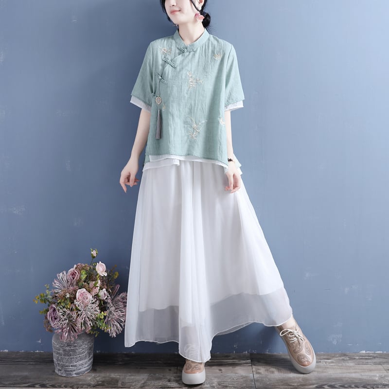 [Qing Series] ★Chinese style tops with decorations★ 4 colors cotton linen embroidery summer simple pink blue green white green