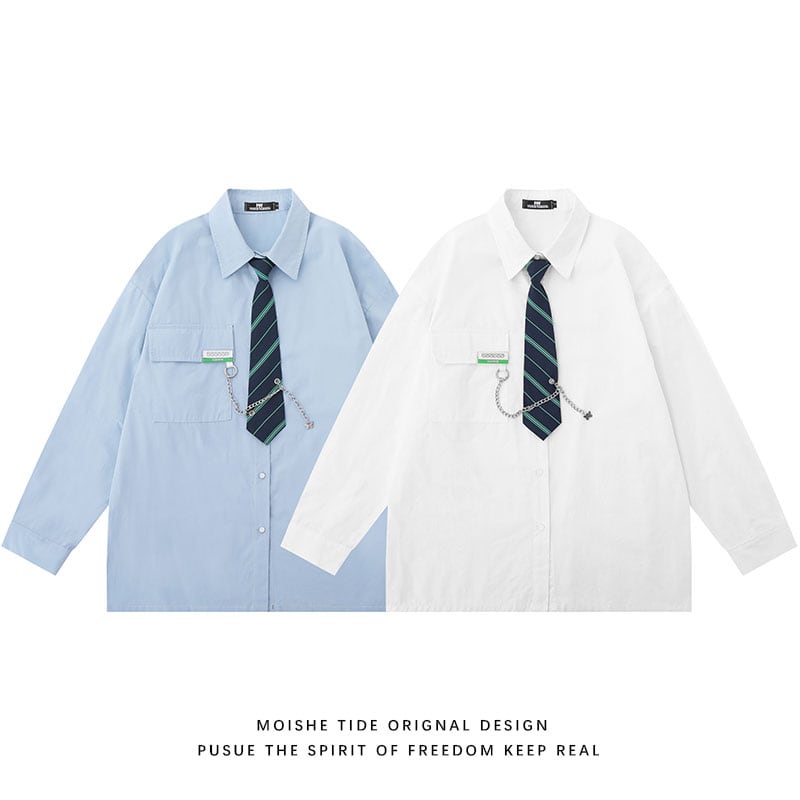 [MOISHE TIDE Series]★Shirt with tie★ 2color tops, long sleeve shirts, easy to match, unisex, men's, white, blue