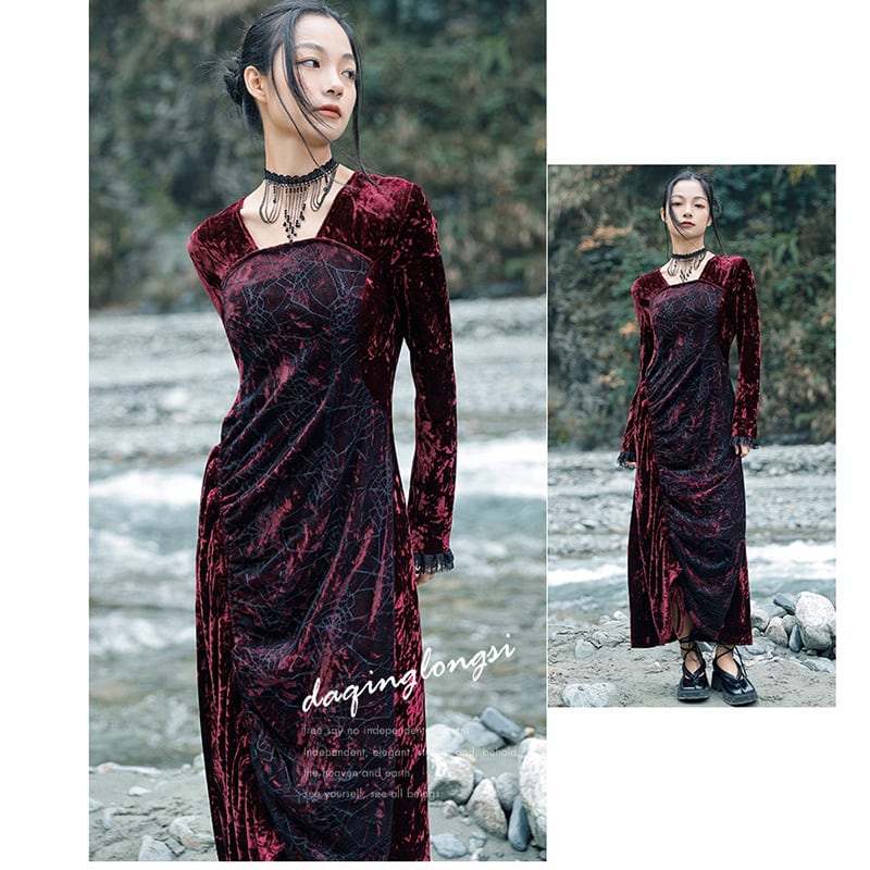 [Daiseiryusu Series] ★China style dress★ Long length velvet wine red red original retro