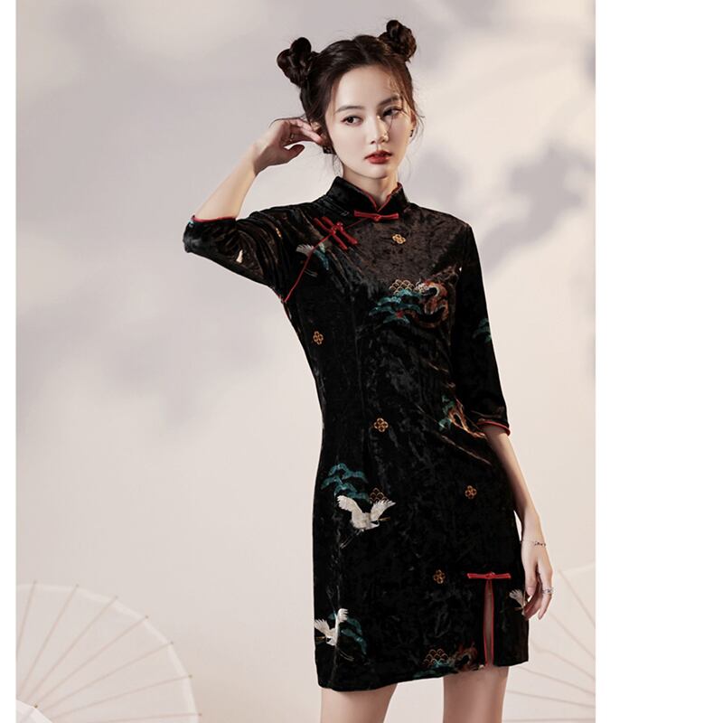 [YUEQIAO Series]★Cheongsam dress★Short length crane velvet Chinese style dress slimming