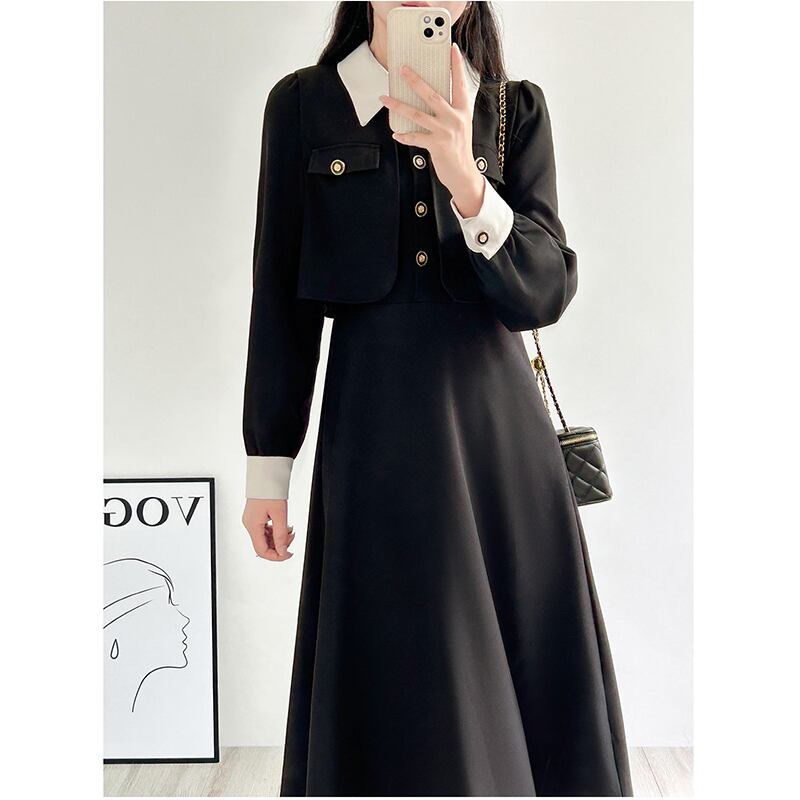 [LANXIAOMU Series] ★One Piece★ Switching Temperament Enhancement Long Sleeve Dress Long Sleeve Faux Layered Black