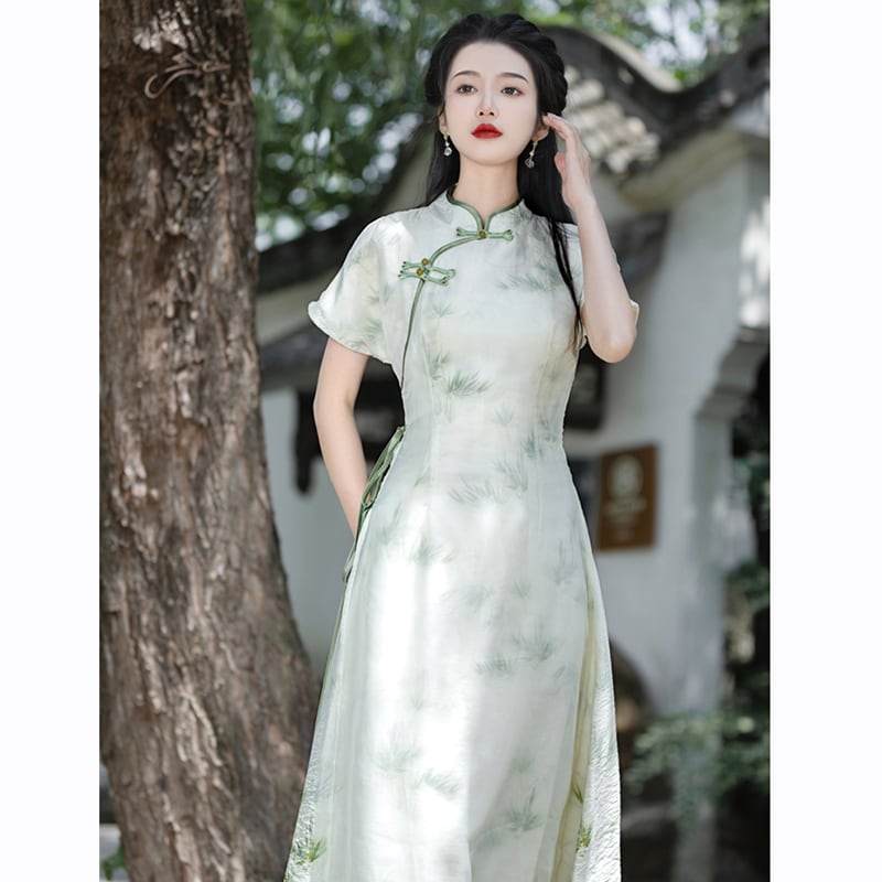 [Tatsuko Chenis Series] ★China style dress★ 2color dress coming of age ceremony girls' night out date short sleeve dress summer clothes green beige chiffon cool