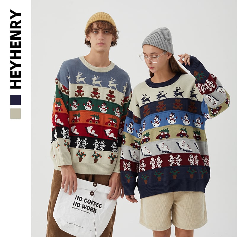 [HeyHenry Series]★Sweater★ 2color Christmas New Year Red Green Blue Deer Pattern Autumn/Winter Men's Couple Clothes Unisex