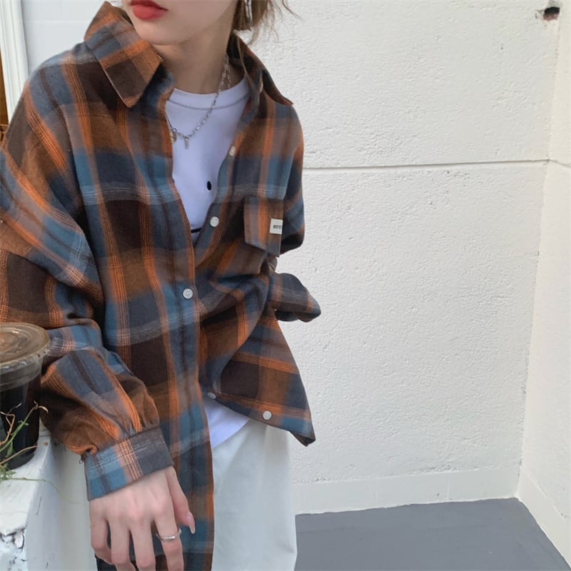 [XIAOXINJIA Series]★Shirt★ 2color Long Sleeve Shirt Tops Ladies Plaid Fashion Color Scheme