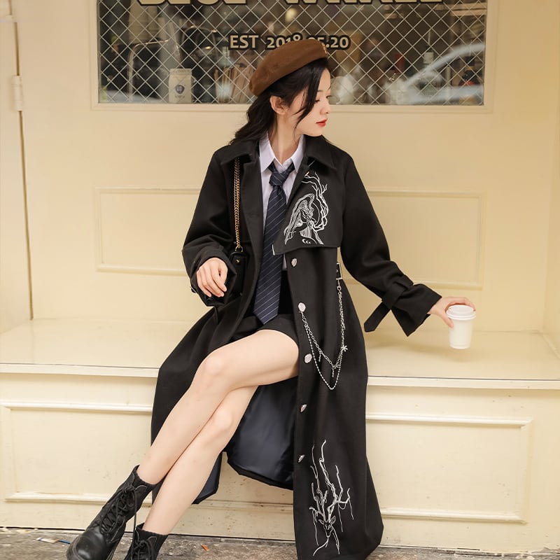 [Hanru First---Beisheng Series] ★China style coat★ Long outerwear with chain embroidery Black Black SML