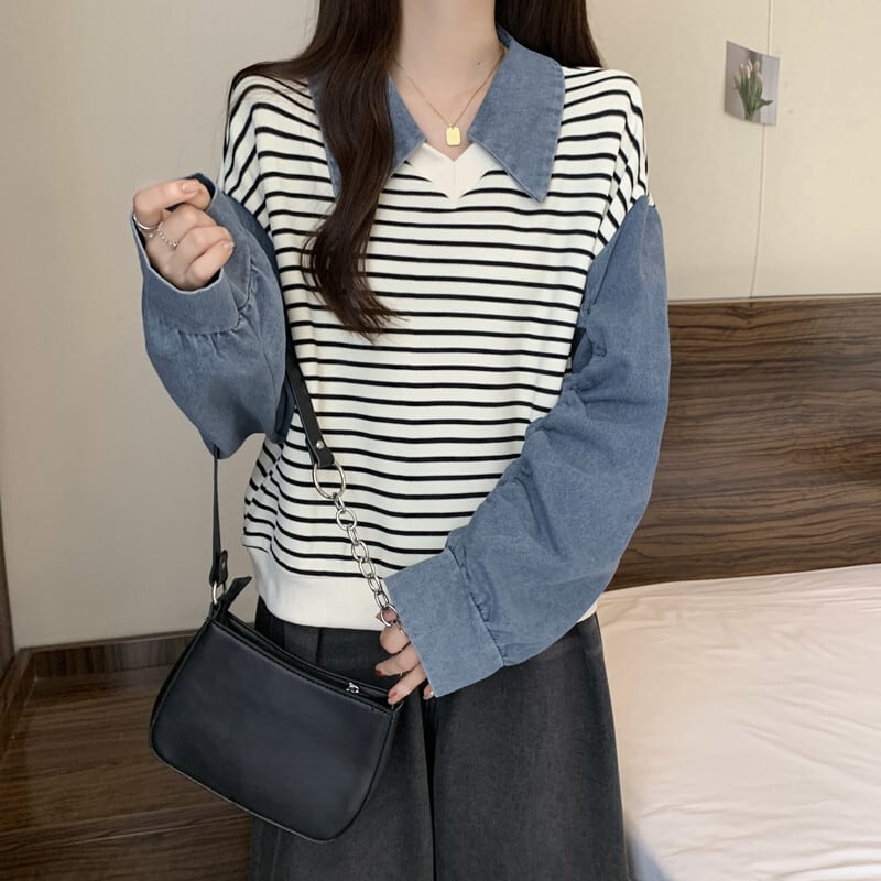 [DUOBAO series]★POLO shirt★ 2color tops, long sleeves, fake layered, slimming, large size, horizontal stripes, striped pattern