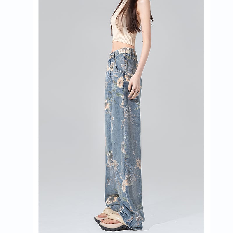 [XURU series] ★Denim pants★ Bottoms Trousers Floral pattern slimming ladies Blue Blue XS S M L XL