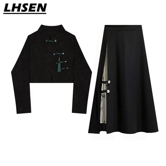 [LHSEN Series] ★China style skirt★ Bottoms Designed Easy to match Black Retro