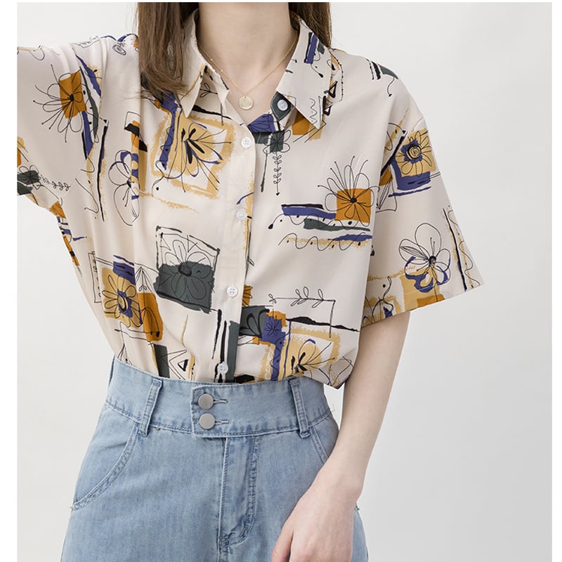 [YOUZI Series]★Retro Shirt★ Tops Printed Short Sleeves Floral Pattern Oil Painting Style Commuting Date Office Lady Office Improves Temperament