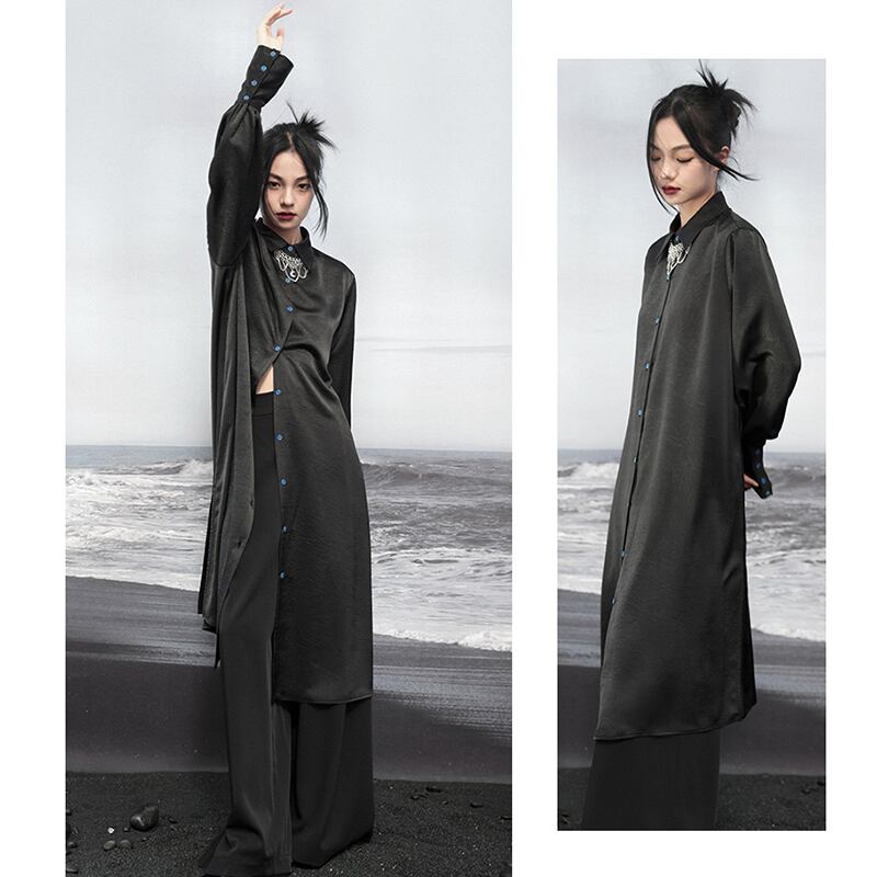 [Big Blue Dragon Series] ★China style shirt★ Long shirt, shirt dress, slit, simple, long length, original, slimming fit